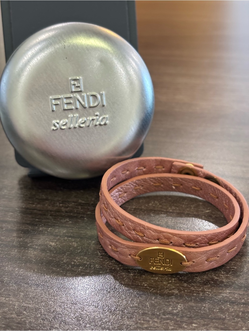 Fendi Pink Leather Double-Wrap Bracelet with Gold Logo Plate